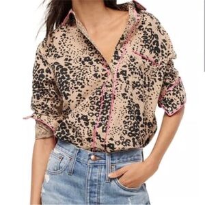 J. Crew Button Front Shirt Cheetah Women’s Size Medium Cotton Linen Long Sleeve